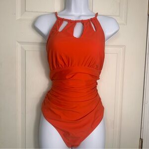 NWT‎ Cupshe One Piece Swimsuit Orange Cutout , Ruching, Tie Back Size Large